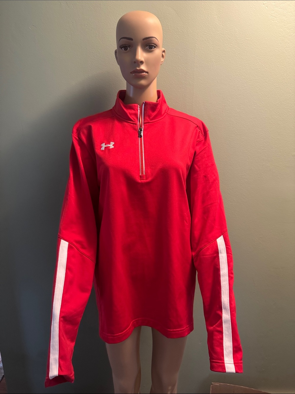 Under Armour Red Quarter-Zip Pullover with White Sleeve Stripes and Logo
